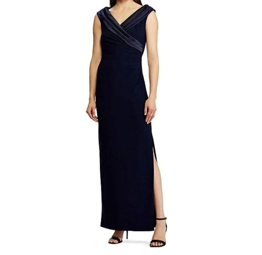Lauren ralph lauren black leonetta satin trim portrait collar evening dress Sz 2
